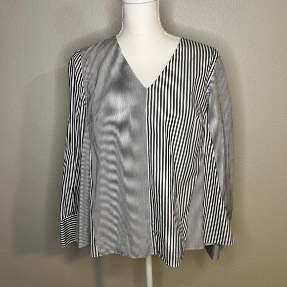 Akris punto women's black and white stripe v-neck cotton long sleeve blouse 8 - Picture 1 of 11